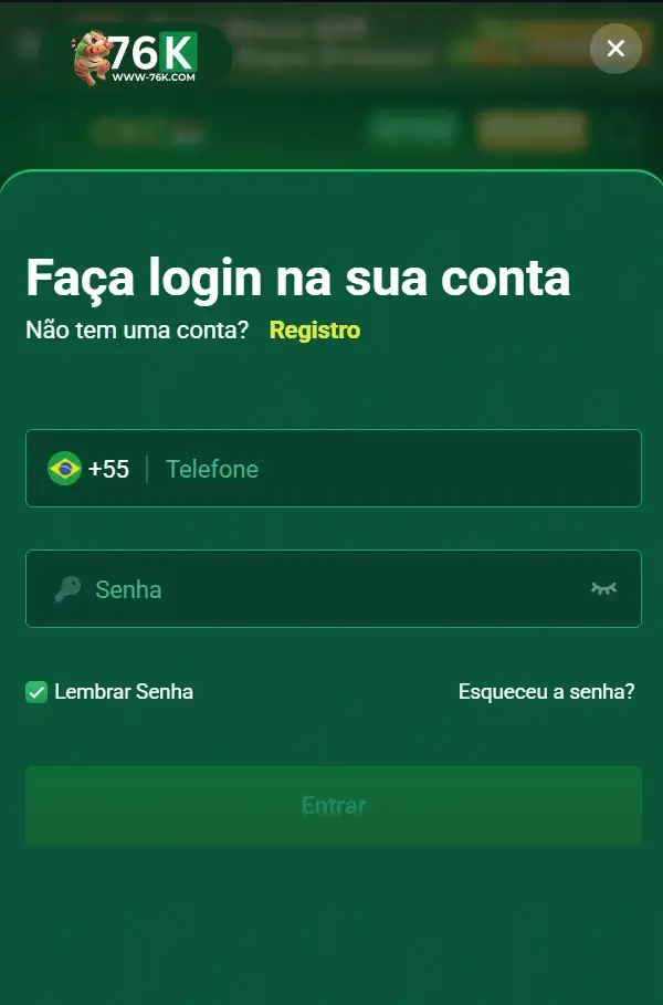 Tela de cadastro da conta no 76K Cassino